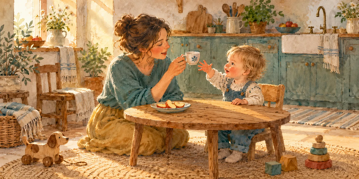 Watercolour illustration: in a sunny kitchen a mother kneels at a low table, holds up a cup to her toddler and names it, the child smiles and reaches for it