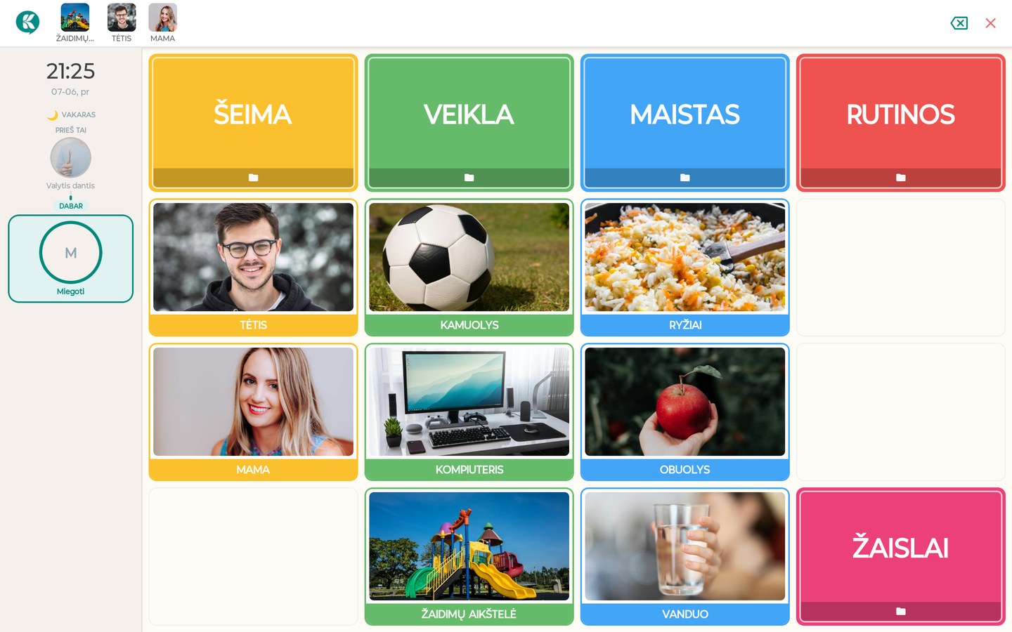Kalbeja child communication board with photo cards, categories and a day plan