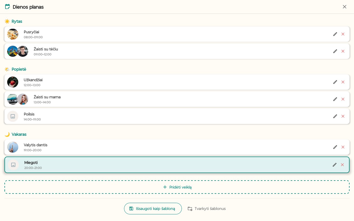 Day plan screen with activities and time intervals